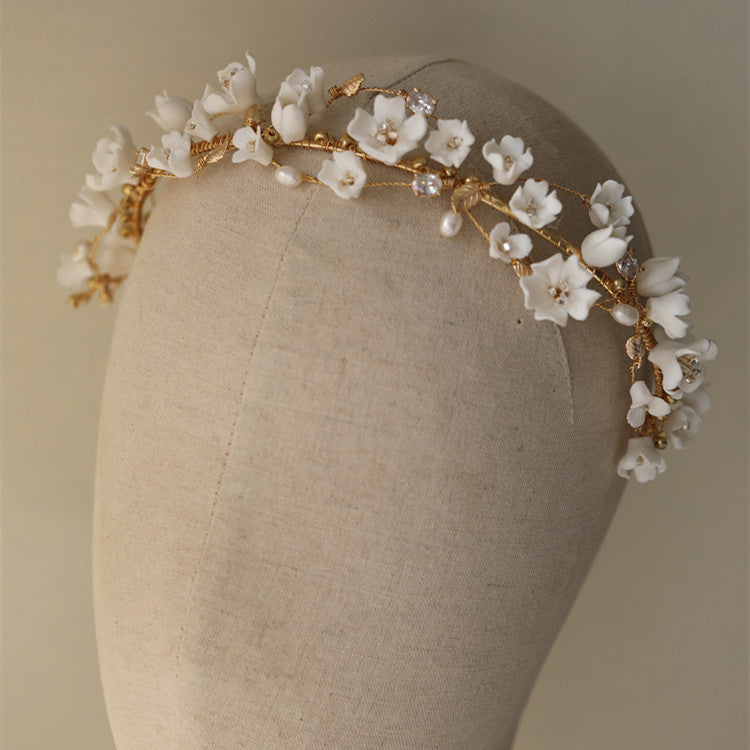 Ceramic Cherry Blossom Pearl Hair Hoop - Bridal Hair Accessory