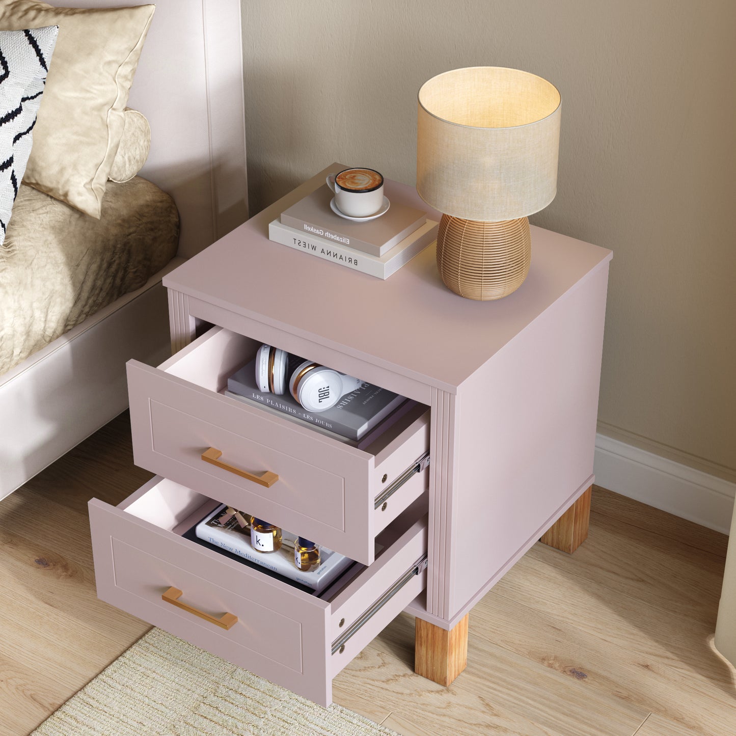 2 Drawer Nightstand - Elegant Fluted Design, Solid Wood Legs, Pink