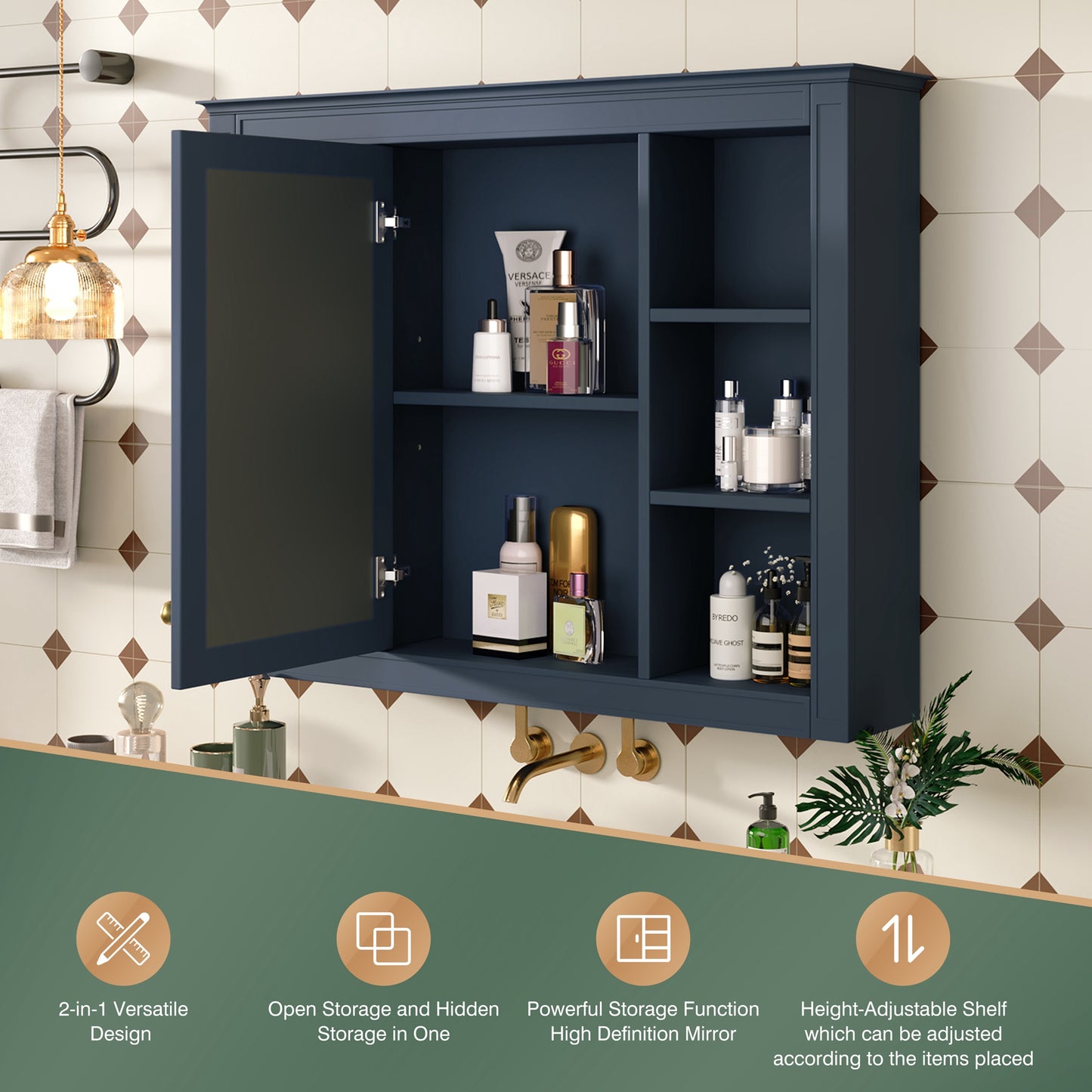 35'' x 28'' Wall Mounted Bathroom Storage Cabinet with Mirror - Blue