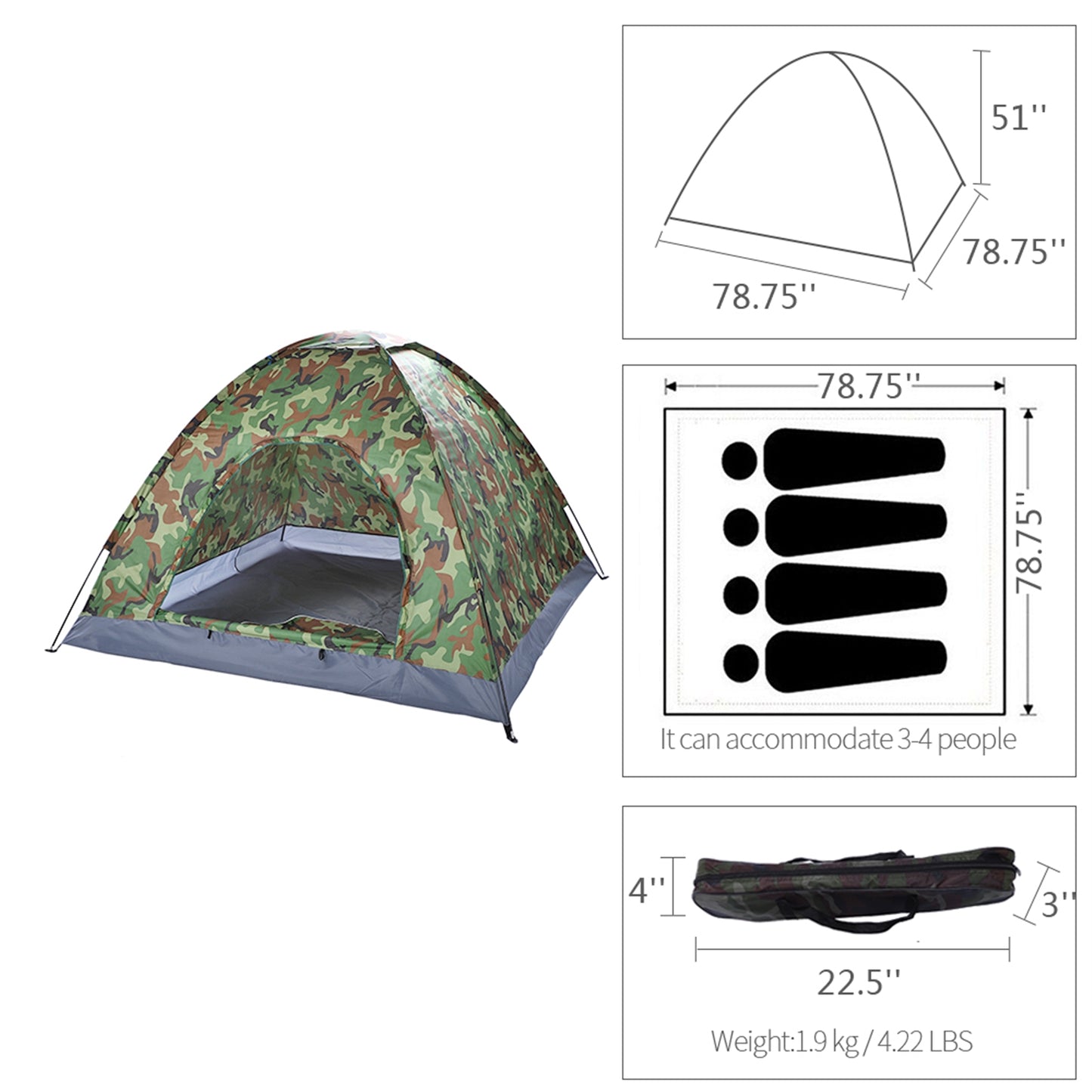 3-4 Person Camouflage Portable Camping Dome Tent