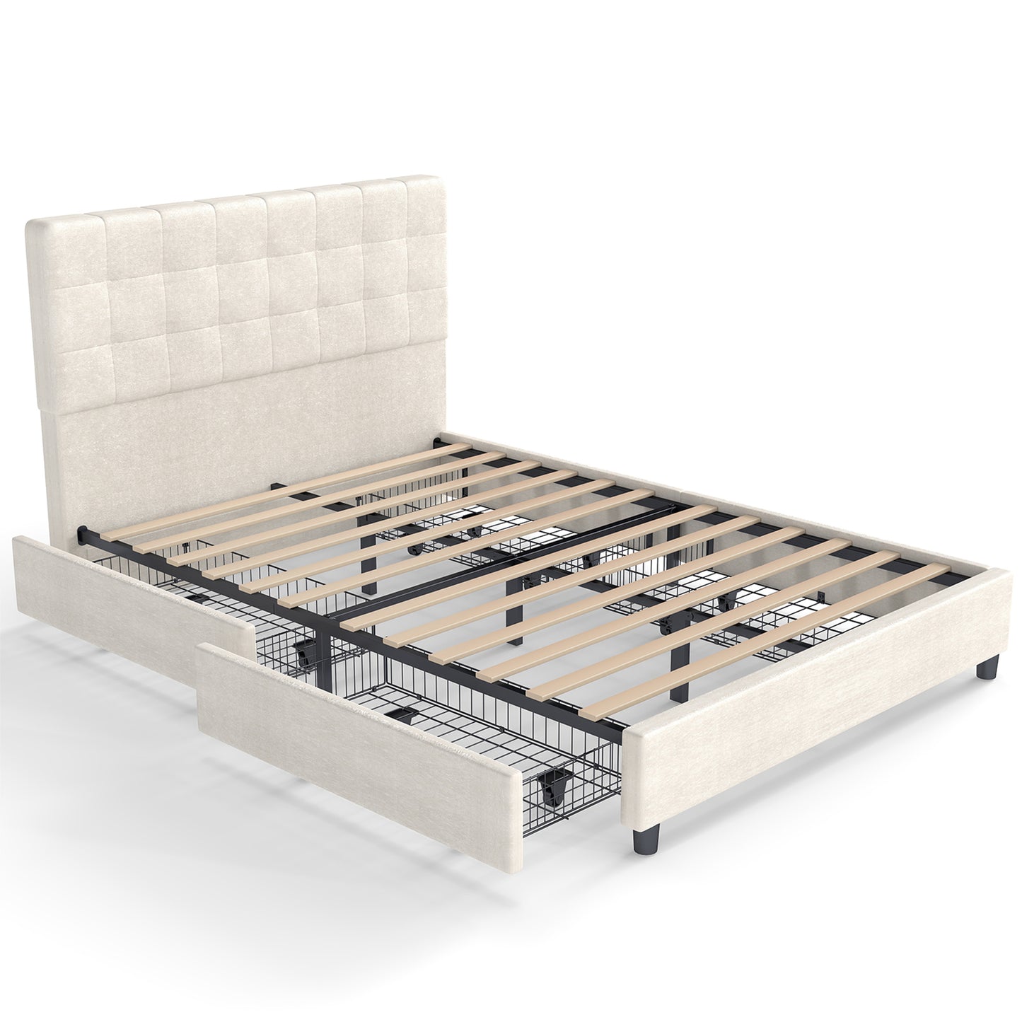Bed Frame Upholstered Vertical Channel Headboard With 4 Storage