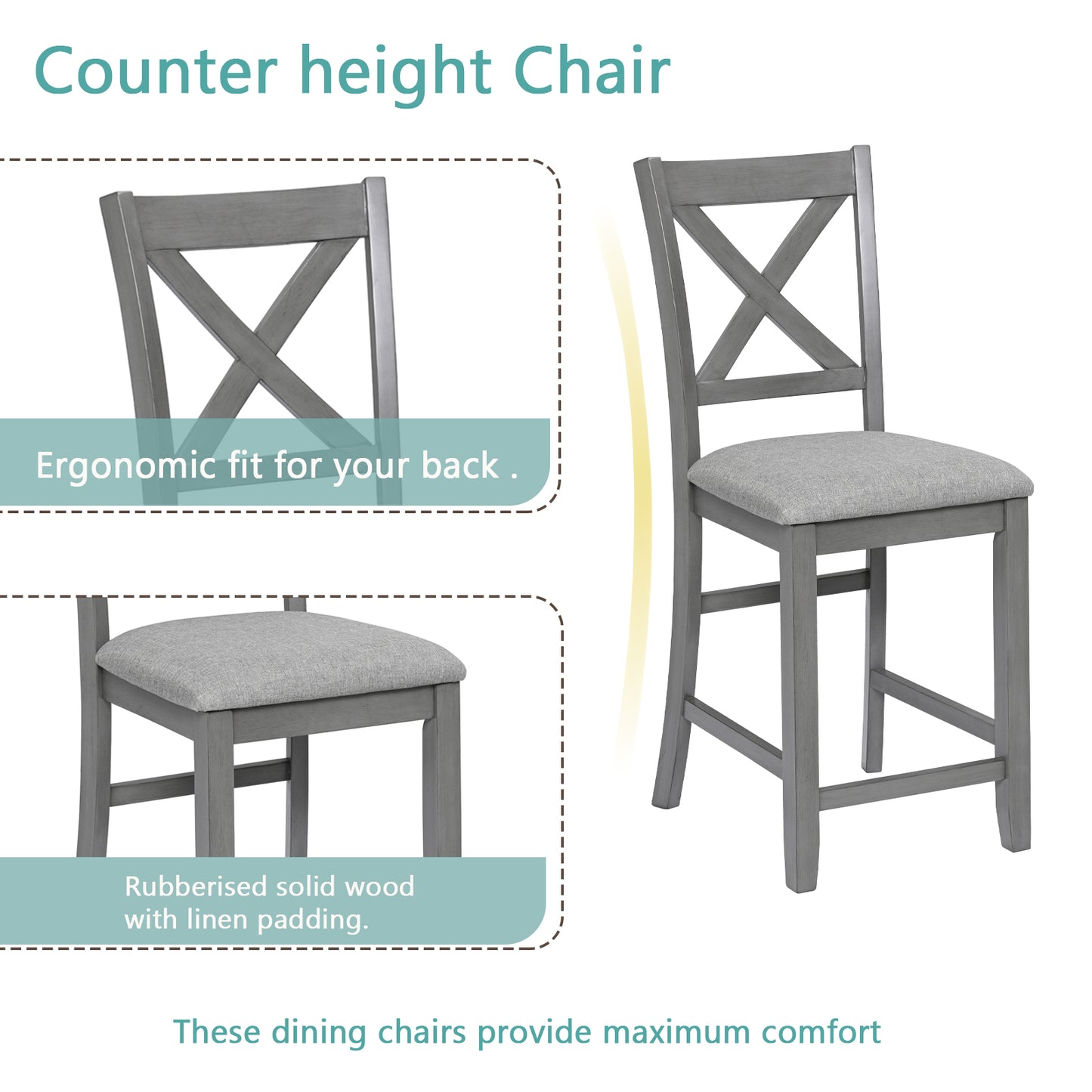 5-Piece Counter Height Dining Table Set with 4 Upholstered Chairs - Gray