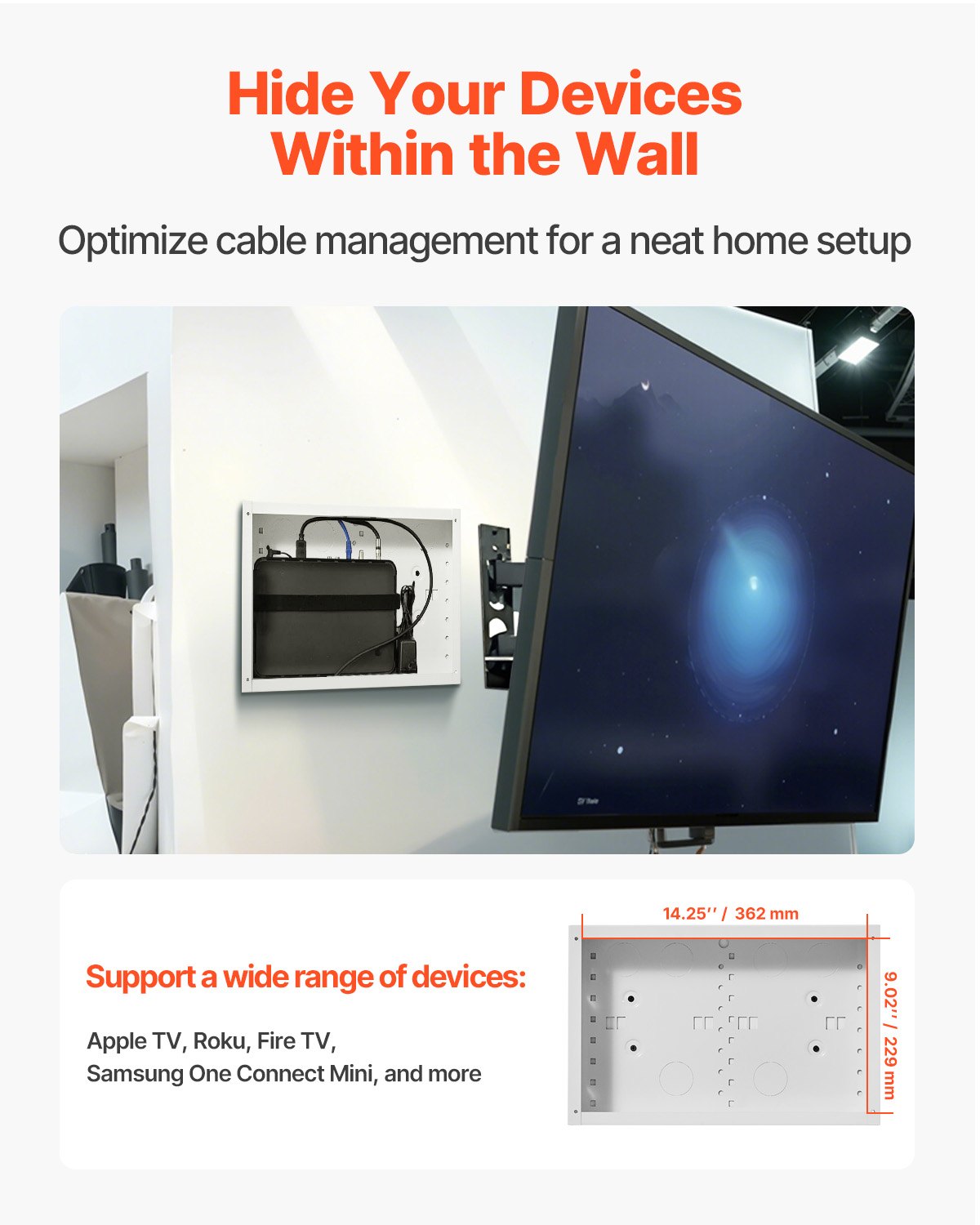 9-Inch Recessed Wall Media Enclosure with Cover for Audio/Video Storage
