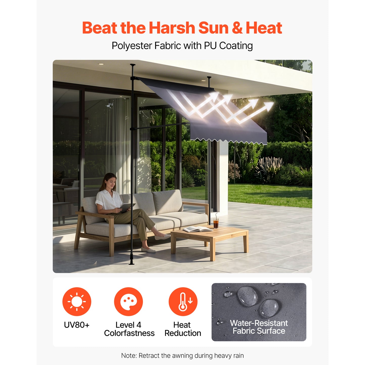 Manual Retractable Patio Awning 59" Sunshade Shelter with Crank Handle - Dark Gray Outdoor Canopy