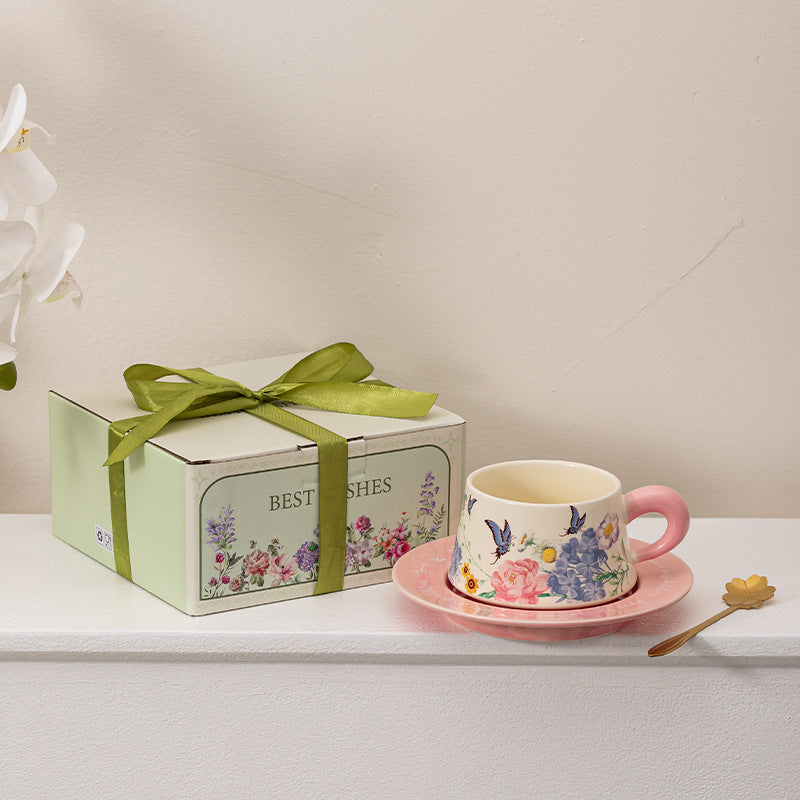 Ceramic Butterfly Coffee Cup and Saucer Gift Set - Vintage Kitchen Drinkware