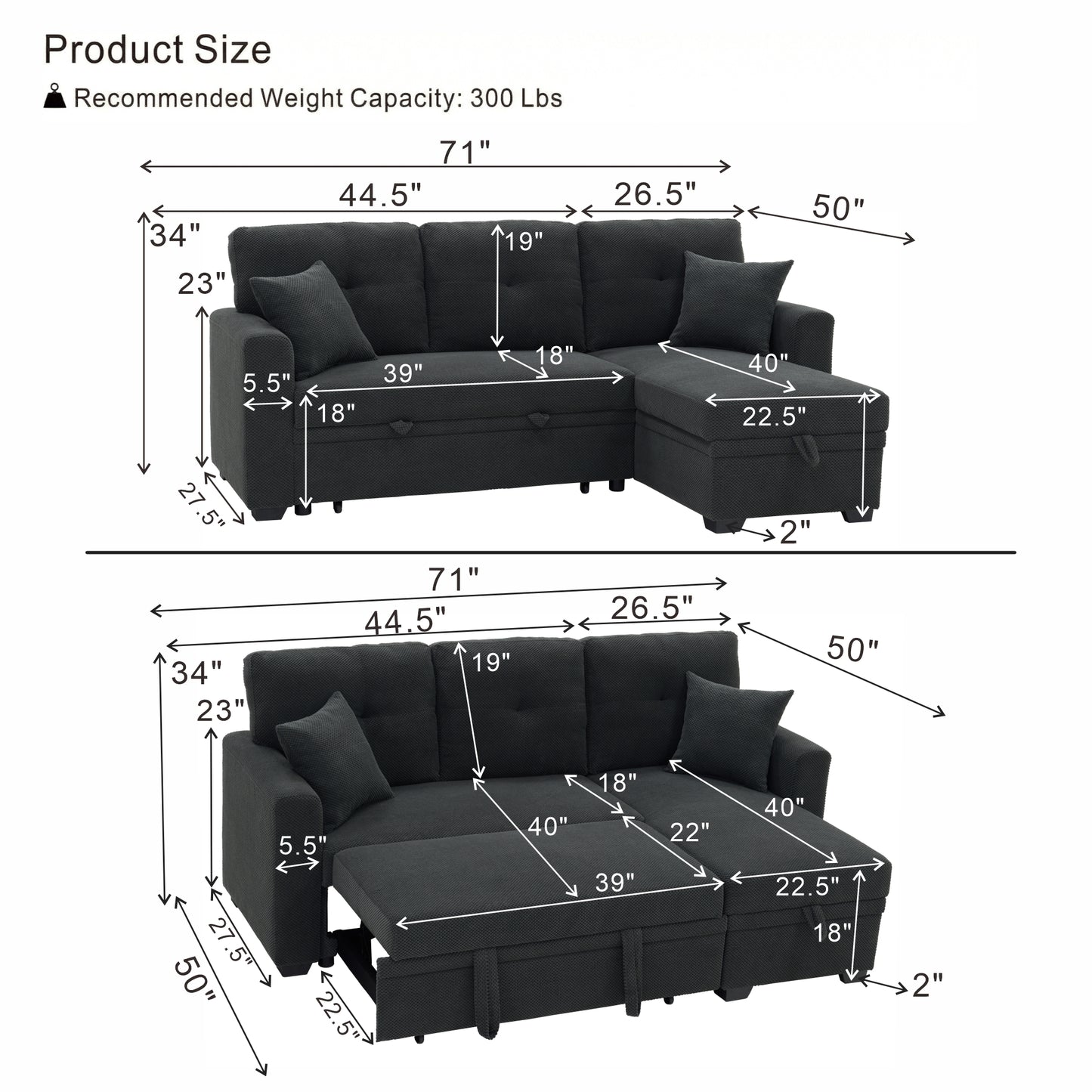 Reversible Chaise Sleeper Sofa Bed - Dark Gray, L-Shaped Sectional