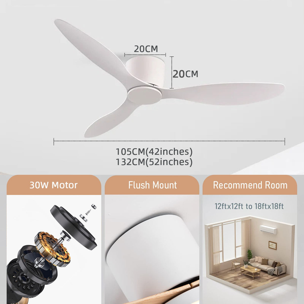 Modern 42-Inch Ceiling Fan with Remote Control - No Lights, Multiple Finishes