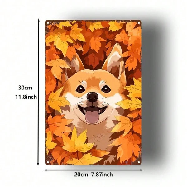 Cute Shiba Inu Metal Sign - Autumn Leaves Wall Art Decor