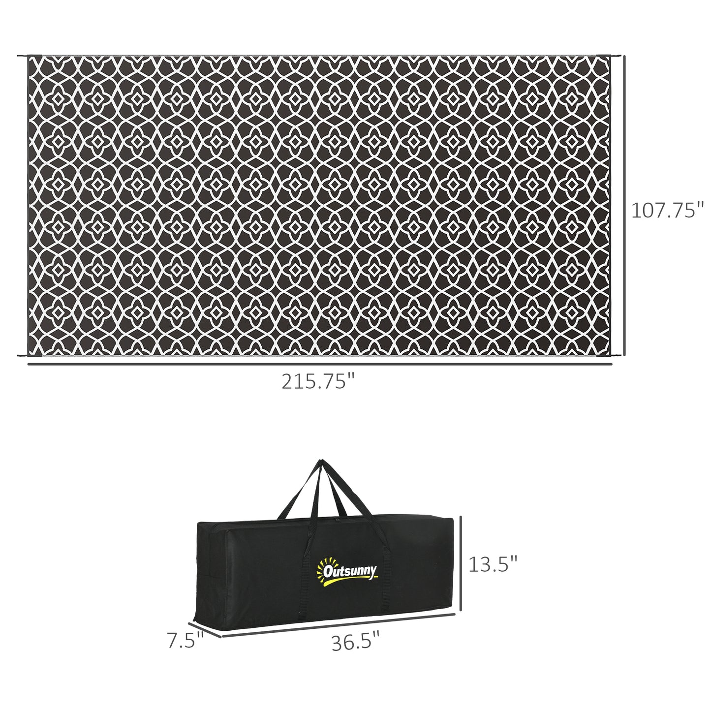 Reversible Outdoor Rug - Black & White Clover, 9x18 ft with Carry Bag