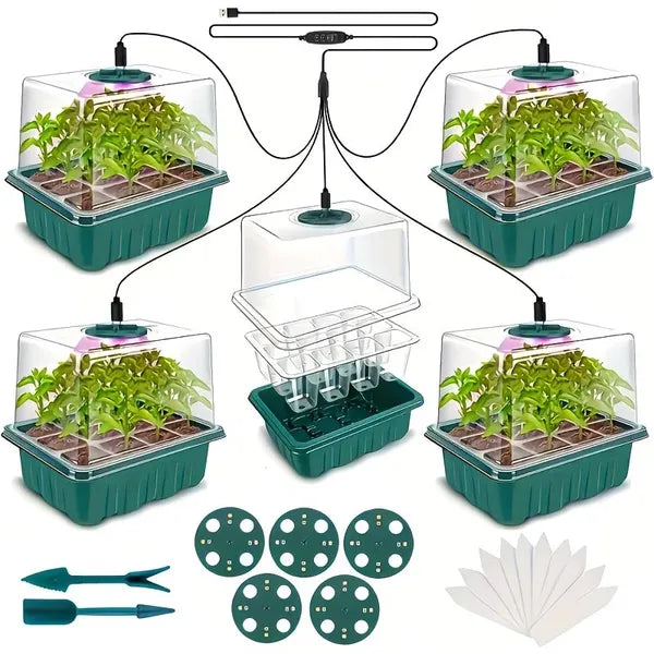 5-Pack Seed Starter Kit with LED Grow Lights - Indoor Mini Greenhouse