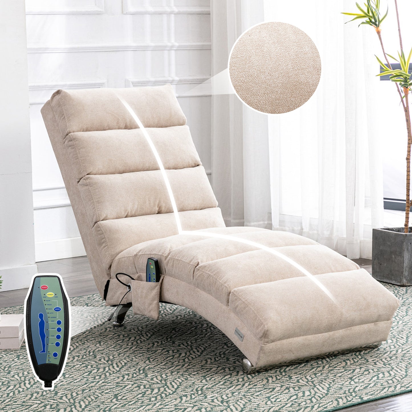 Luxury Upholstered Chaise Lounge Chair with Vibration - Beige