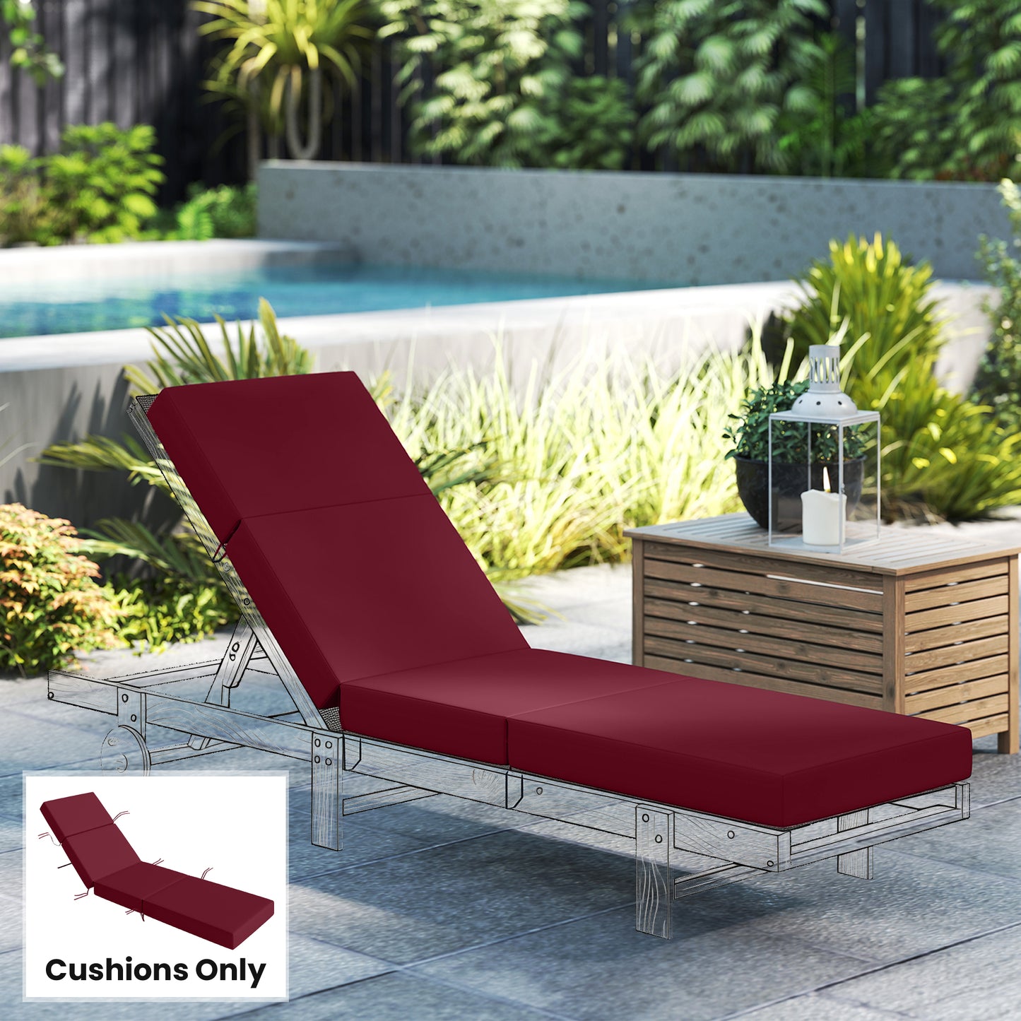 Outdoor Lounge Chair Cushion - 4" Thick, Weather-Resistant, Red, 21" x 72"