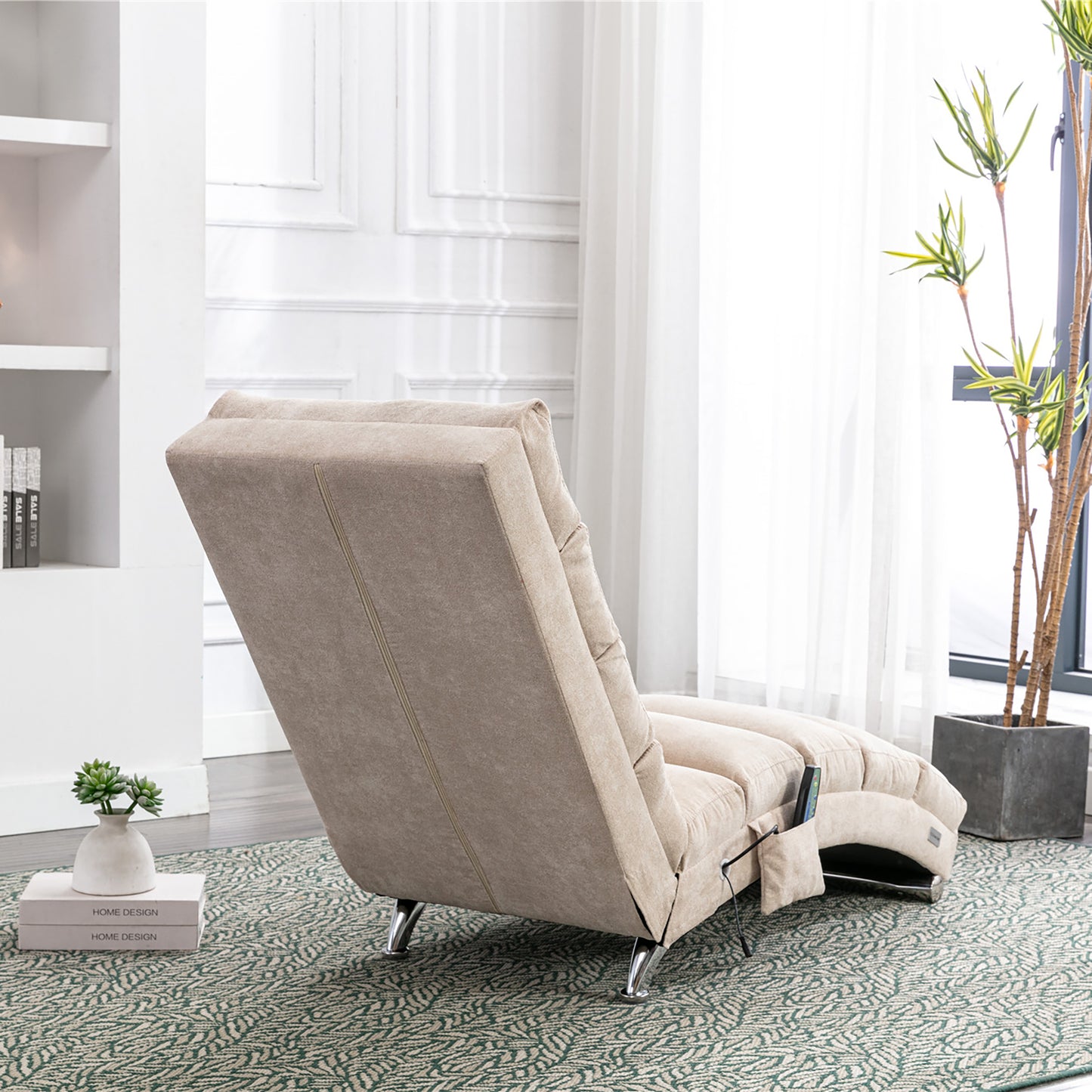 Luxury Upholstered Chaise Lounge Chair with Vibration - Beige