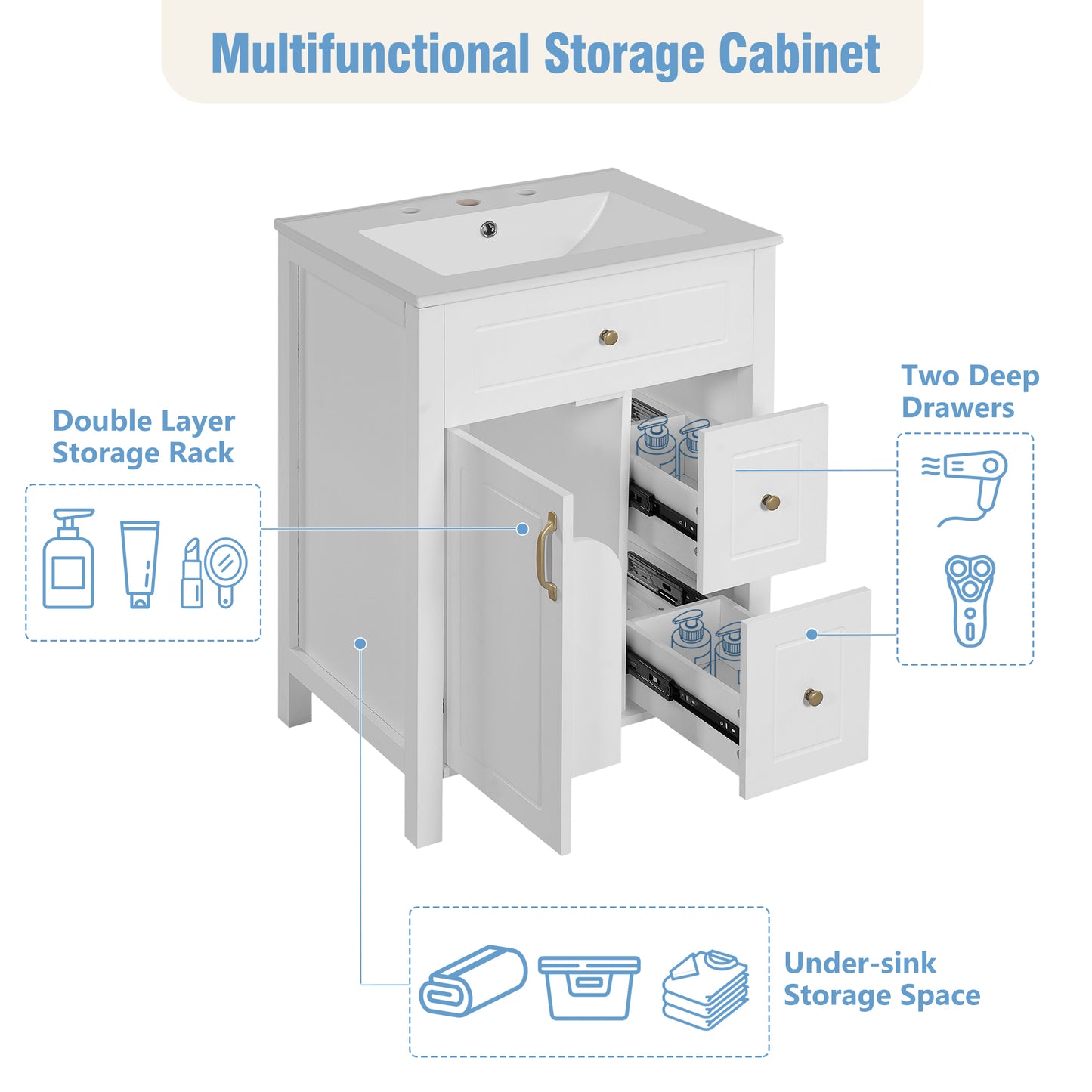 24-Inch Bathroom Vanity with Ceramic Sink and Storage Racks - White