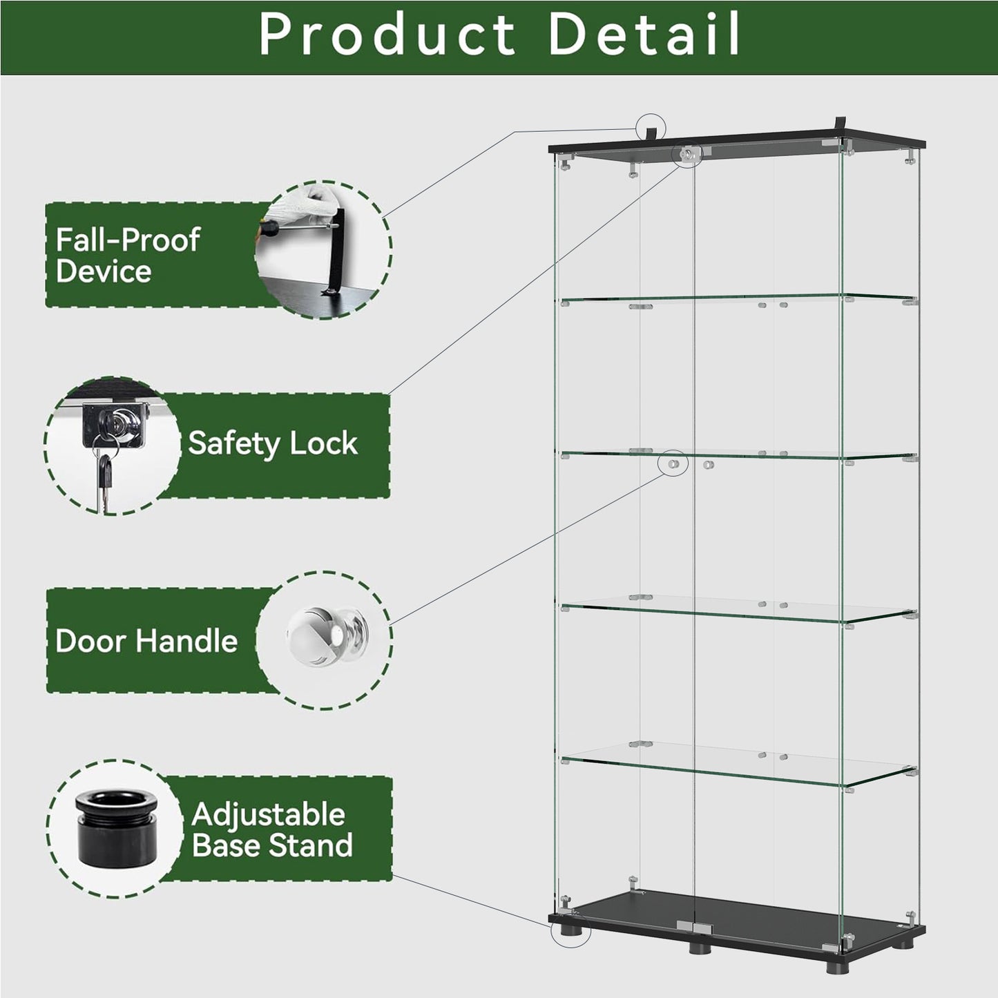 Glass Display Cabinet with 5 Shelves and Lock - Black