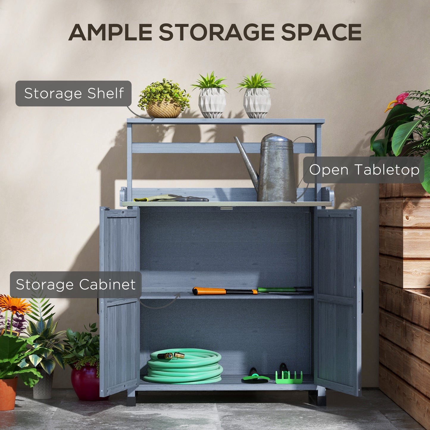 Outdoor Wooden Potting Bench with Storage Cabinet and Galvanized Tabletop - Gray