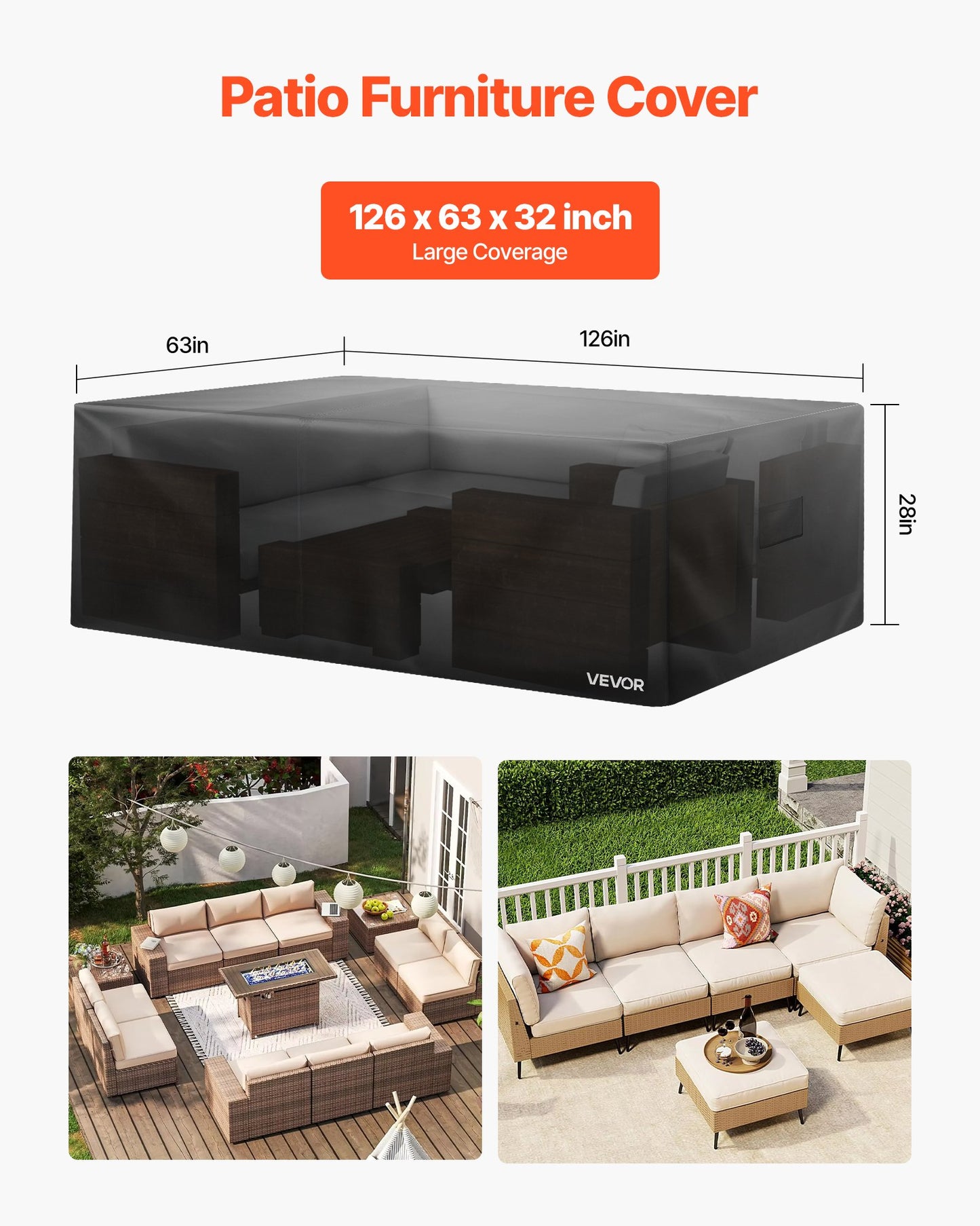 Waterproof Patio Furniture Cover 420D Oxford for Tables, Chairs, Sofas - Black 126x63 inches