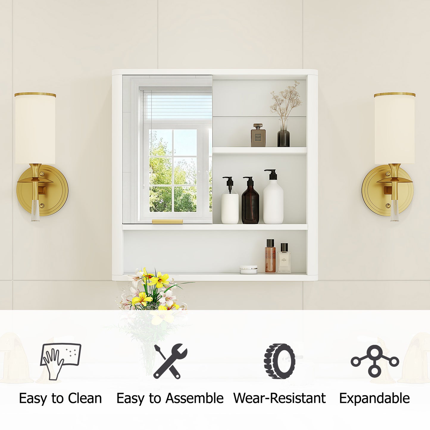 Wall Mounted Modern Bathroom Mirror Cabinet with Gold Accent