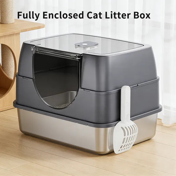 Enclosed Stainless Steel Cat Litter Box Odor Lock No Scatter Easy Clean White