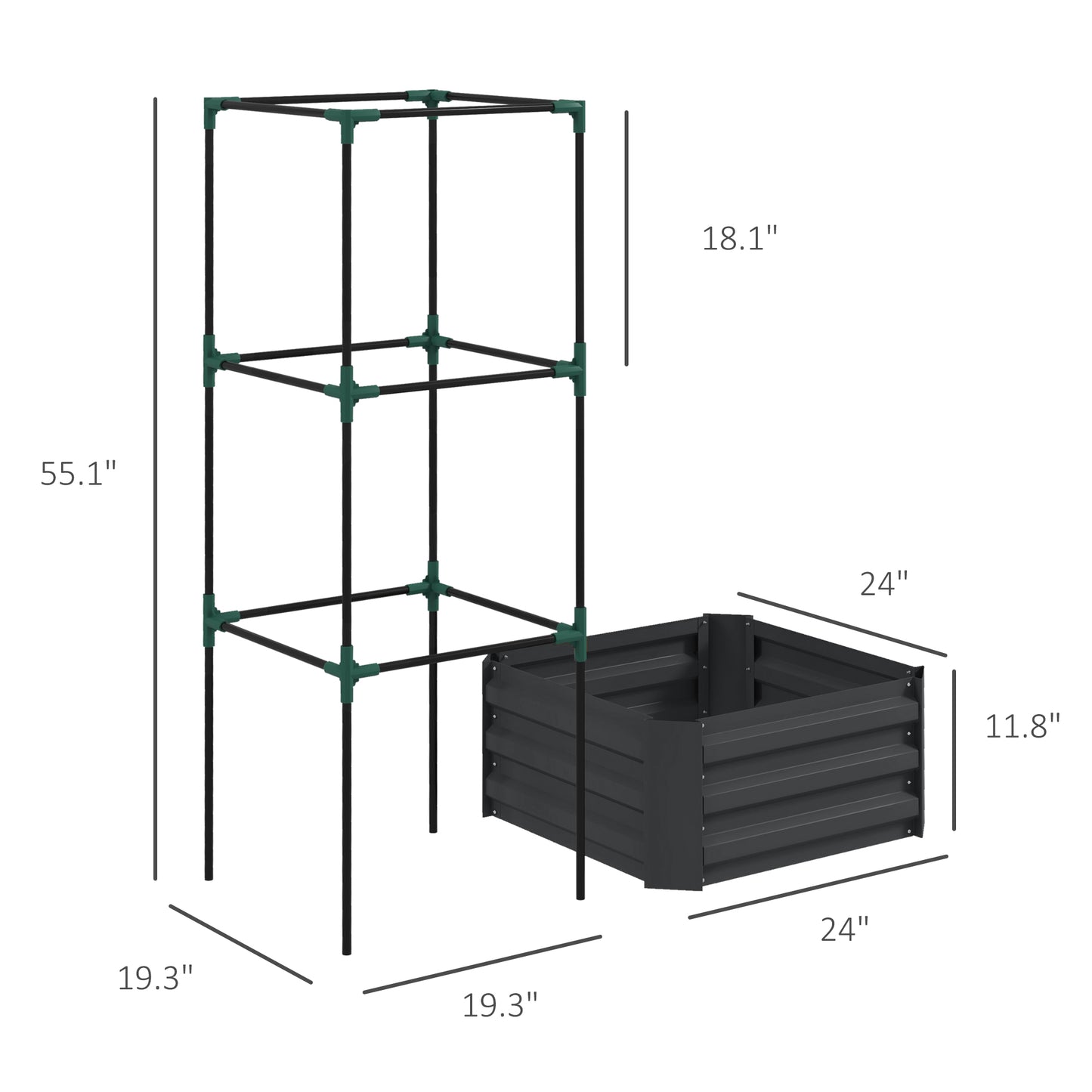 Galvanized Raised Garden Bed with Tomato Cage - 24x24x55 Inches, Dark Gray