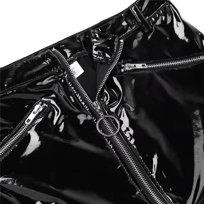 High-Gloss PVC Patent Leather Short Skirt with Zipper for Women