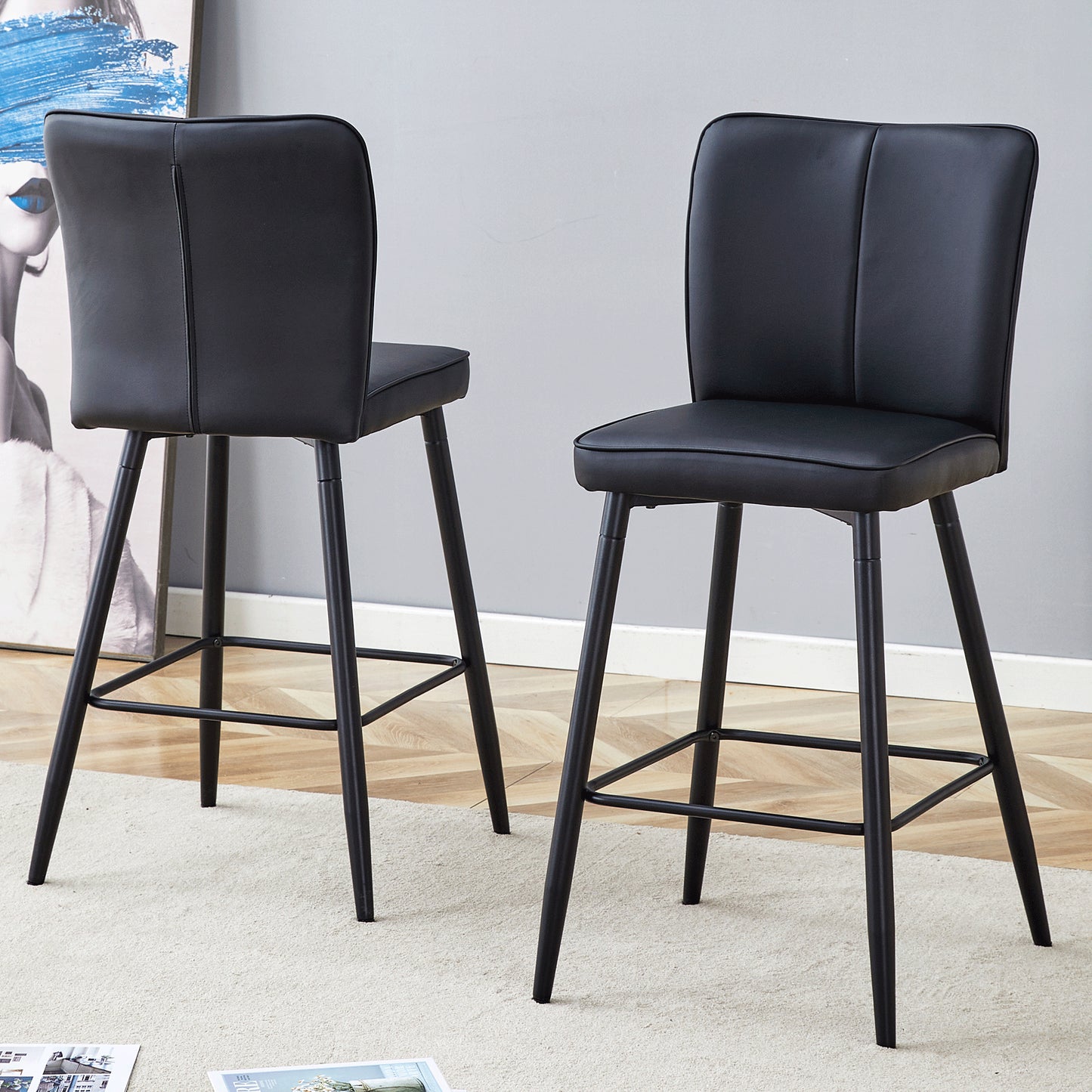 Modern Black PU Bar Chair Set - Two Pieces, The Backrest Has A