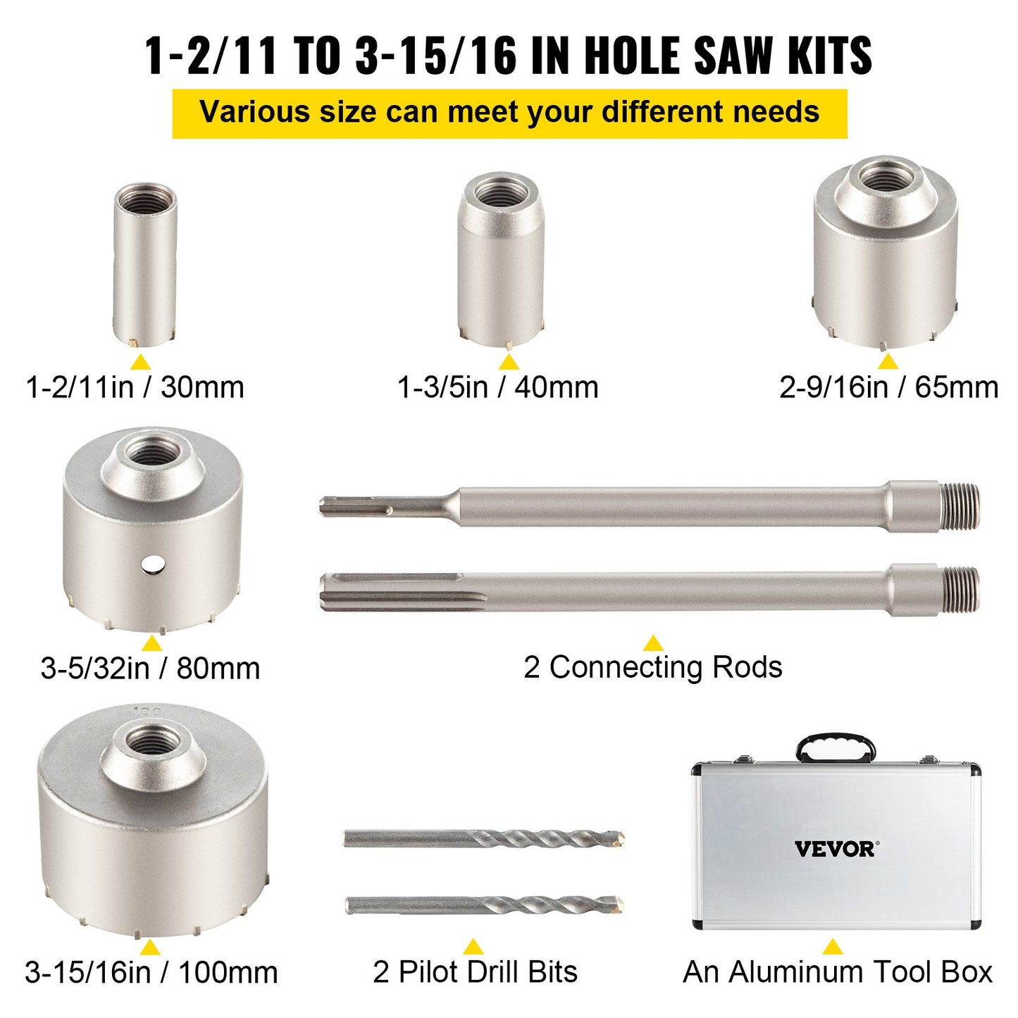 Concrete Hole Saw Kit with SDS Plus & SDS Max Shanks - 10PCS Wall Drilling Set in Silver