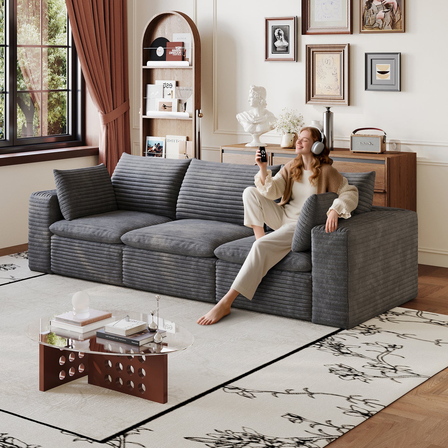102" Cloud Sofa - Corduroy Fabric, Deep Seat, Removable Cushion, Dark Grey