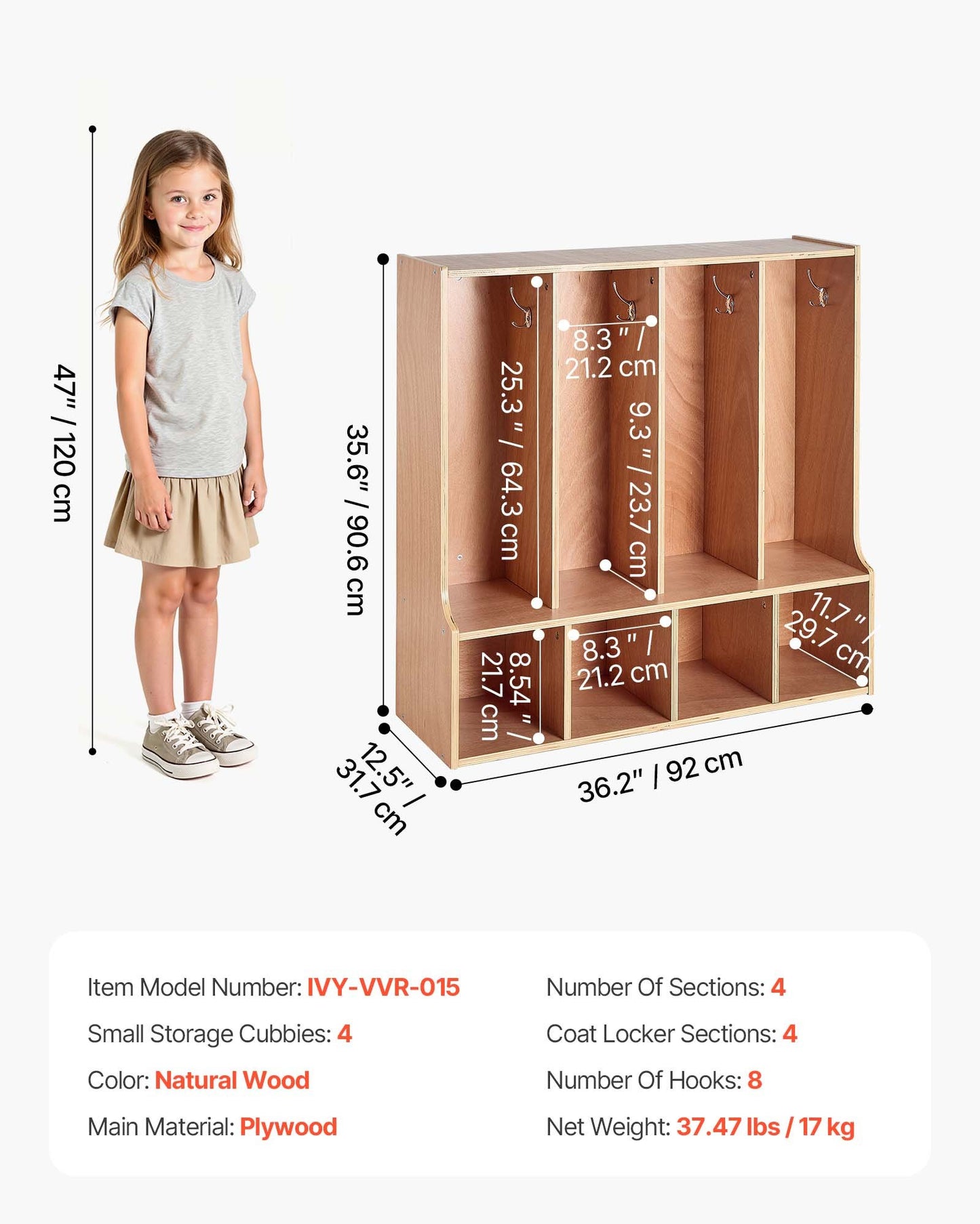 Kids Wooden Coat Locker with Hooks and Storage Cubes - Toddler Organizer, Natural Finish