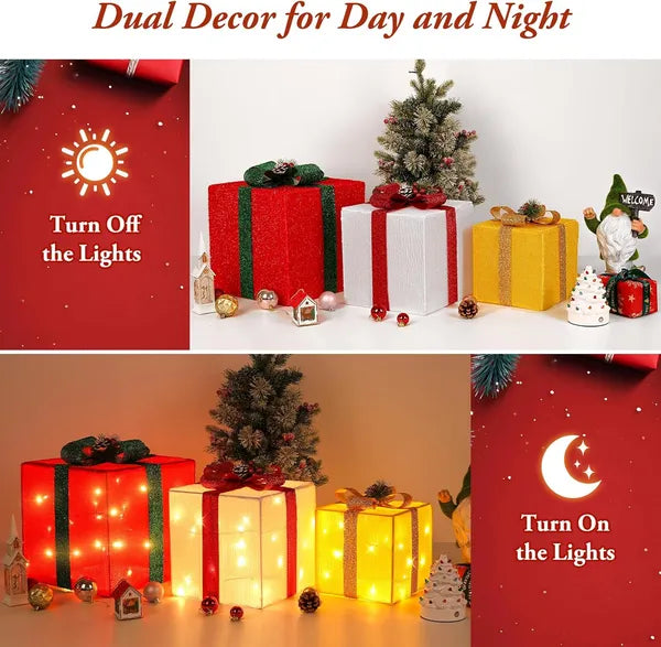 Large Christmas Gift Boxes with LED String Lights - 3 Pieces