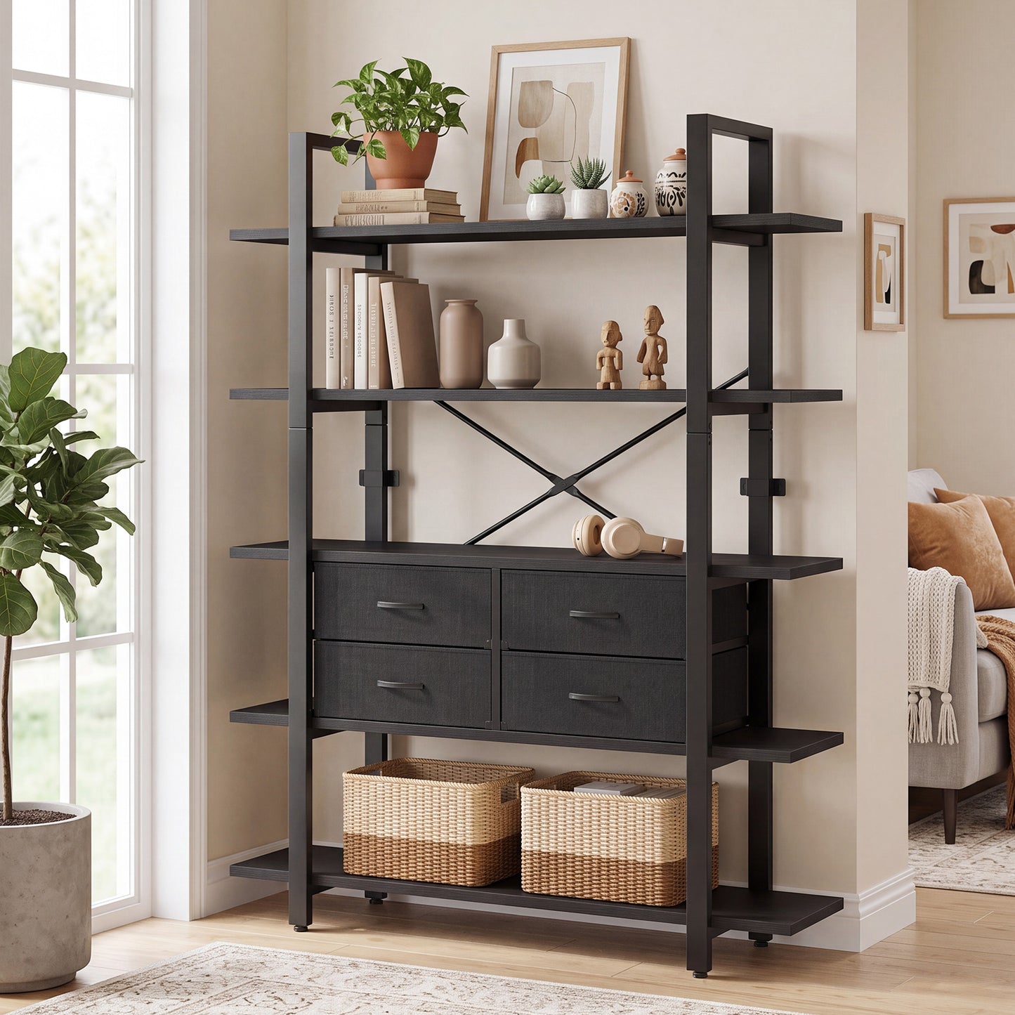 5-Tier Industrial Bookshelf with 4 Drawers - Open Display Bookcase