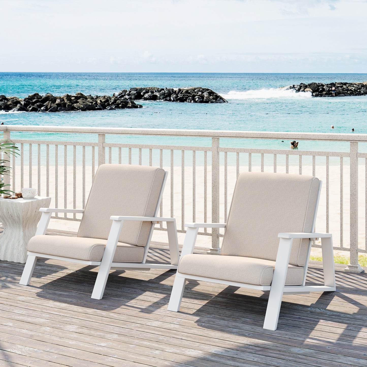 Patio Lounge Chair Set of 2 - Outdoor Club Chairs with Beige Cushions