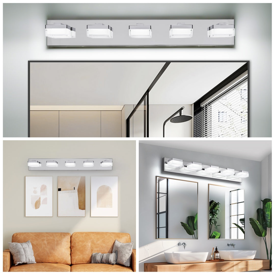 Modern Chrome LED Vanity Light - 5-Light Wall Sconce for Bathroom