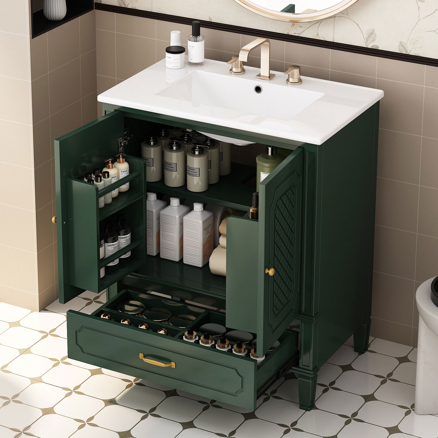 30-Inch Vintage Bathroom Vanity with Sink - Green