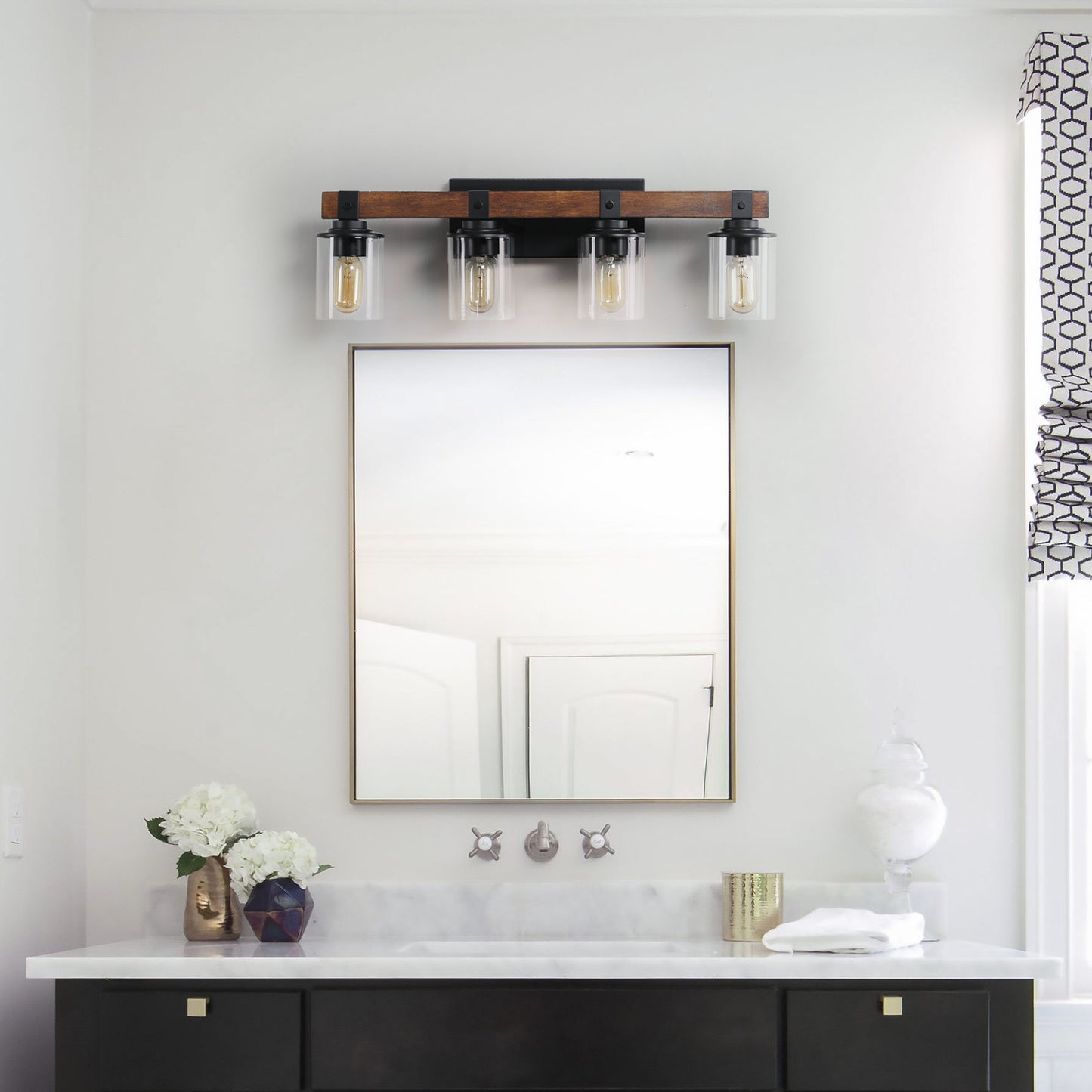 27-Inch Rustic 4-Light Vanity Light Fixture with Glass Shades
