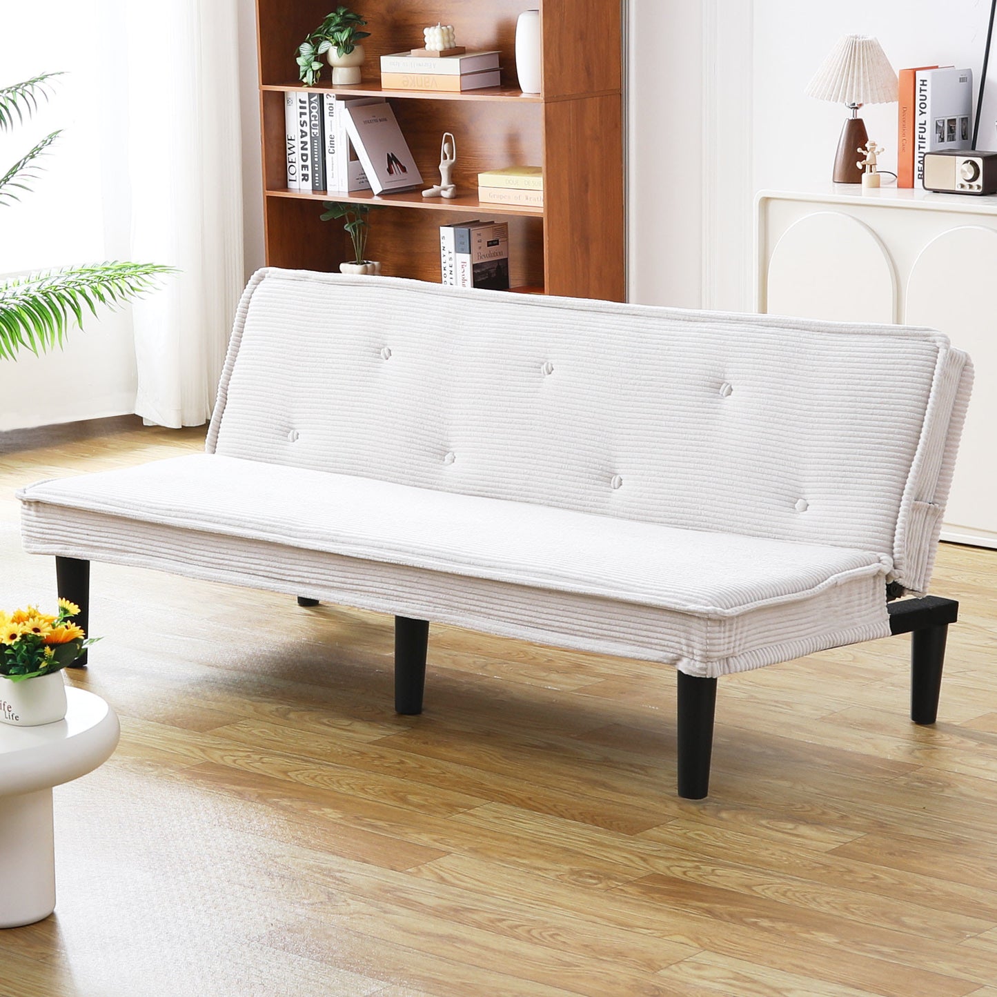 66-Inch Beige Corduroy Sofa Bed - Versatile for Living Room & Bedroom