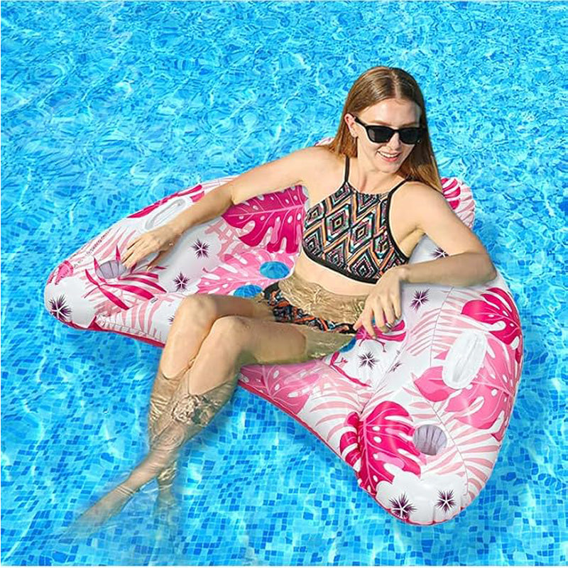 Inflatable Tropical Print Pool Lounge Float with Cup Holders