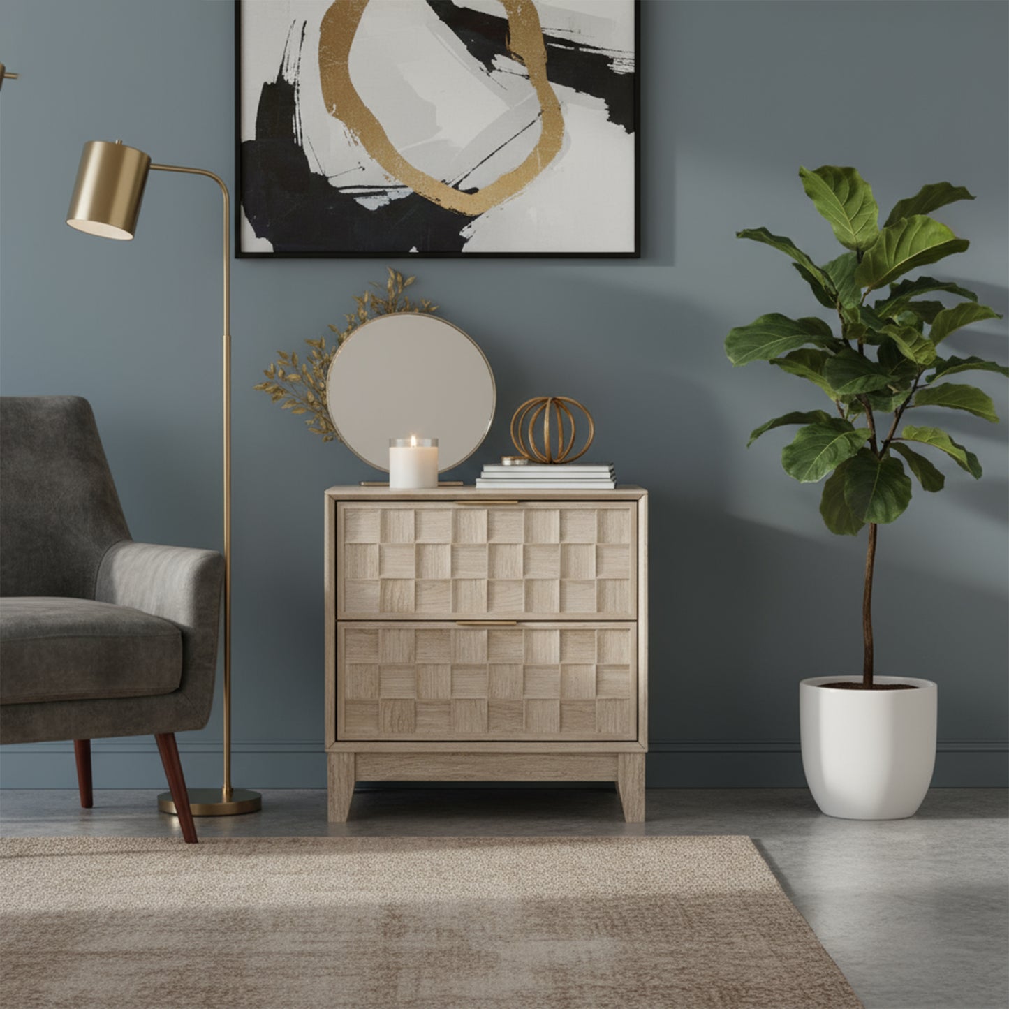 Wooden Night Stand with Charging Station & 2 Drawers