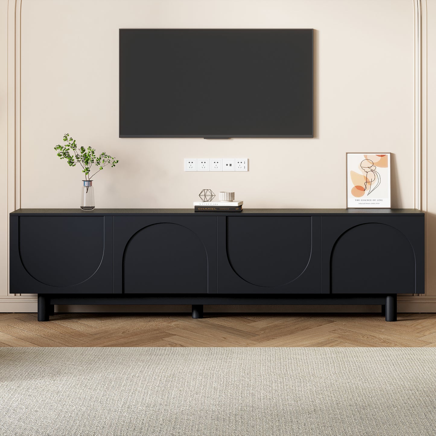 Minimalist TV Stand with Arch Cabinets for TVs Up to 78" - Black