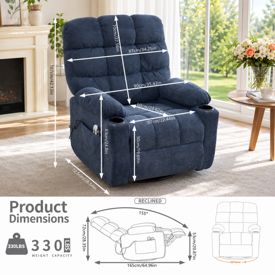 Power Lift Recliner Chair with Heat, Massage & Cup Holders - Blue