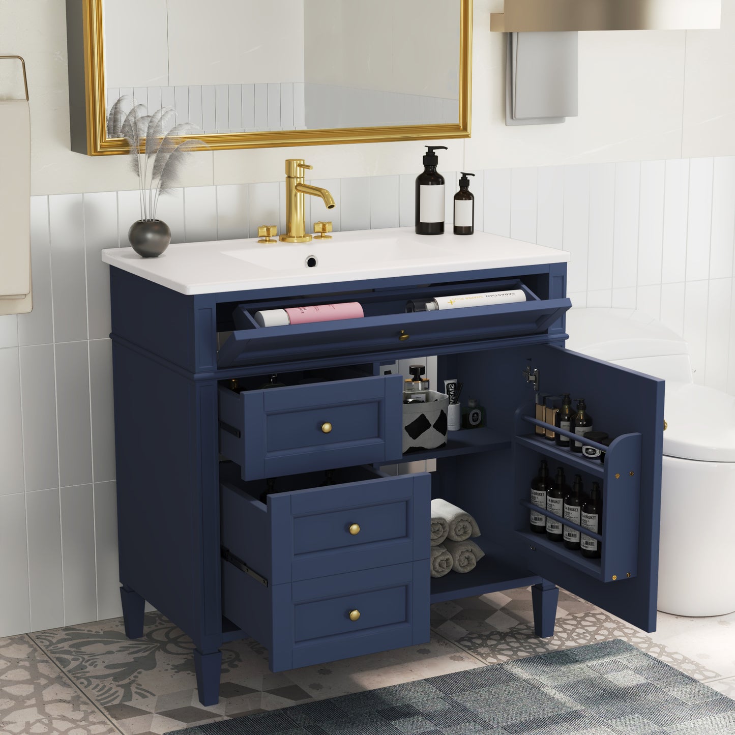 36'' Blue Bathroom Vanity with Ceramic Sink & 3 Drawers