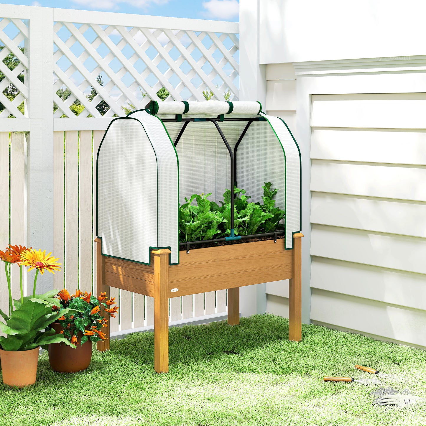 Raised Garden Bed with PE Greenhouse Cover - Outdoor Planter Box for Herbs and Vegetables, 35x22x47 Inch, Sand