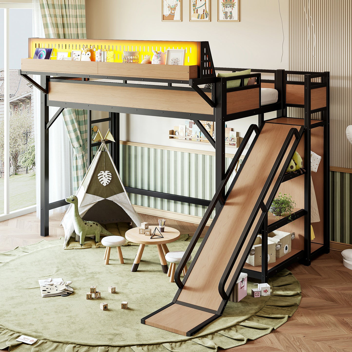 Twin XL Loft Bed with Slide, Storage Shelves & USB Ports - Natural