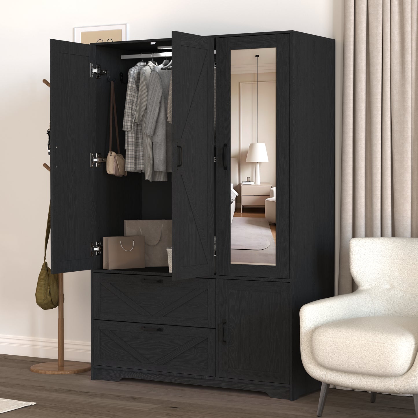 Black 4-Door Wardrobe Closet with Mirror & LED Lighting