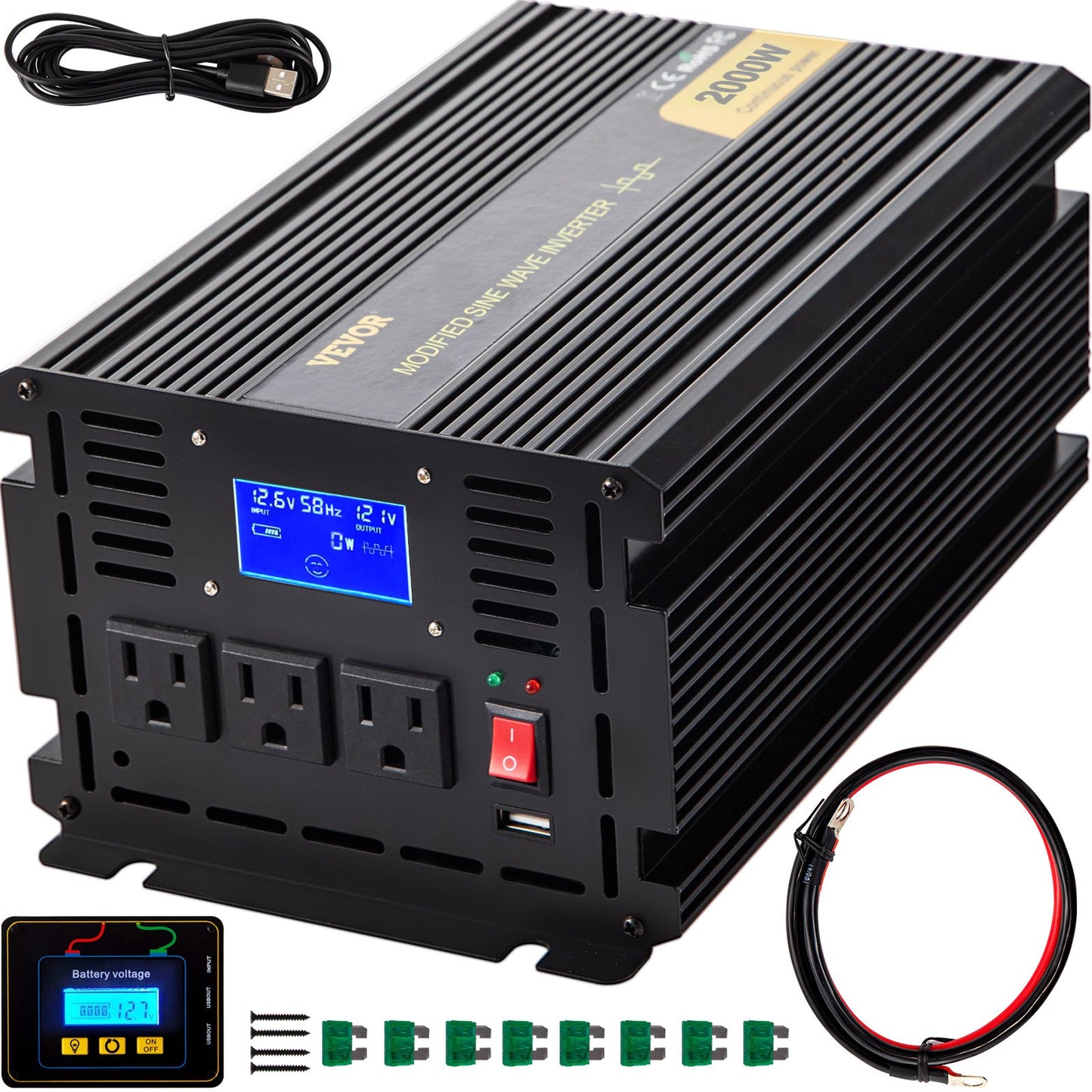 2000W Modified Sine Wave Power Inverter for Car RV Truck Boat Camping - DC 12V to AC 120V with LCD Display & Remote