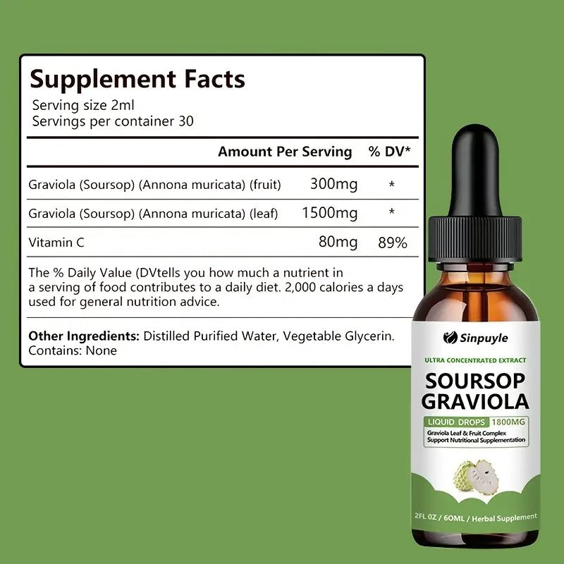 Soursop Graviola Liquid Drops - 1800mg Ultra Concentrated Herbal Supplement