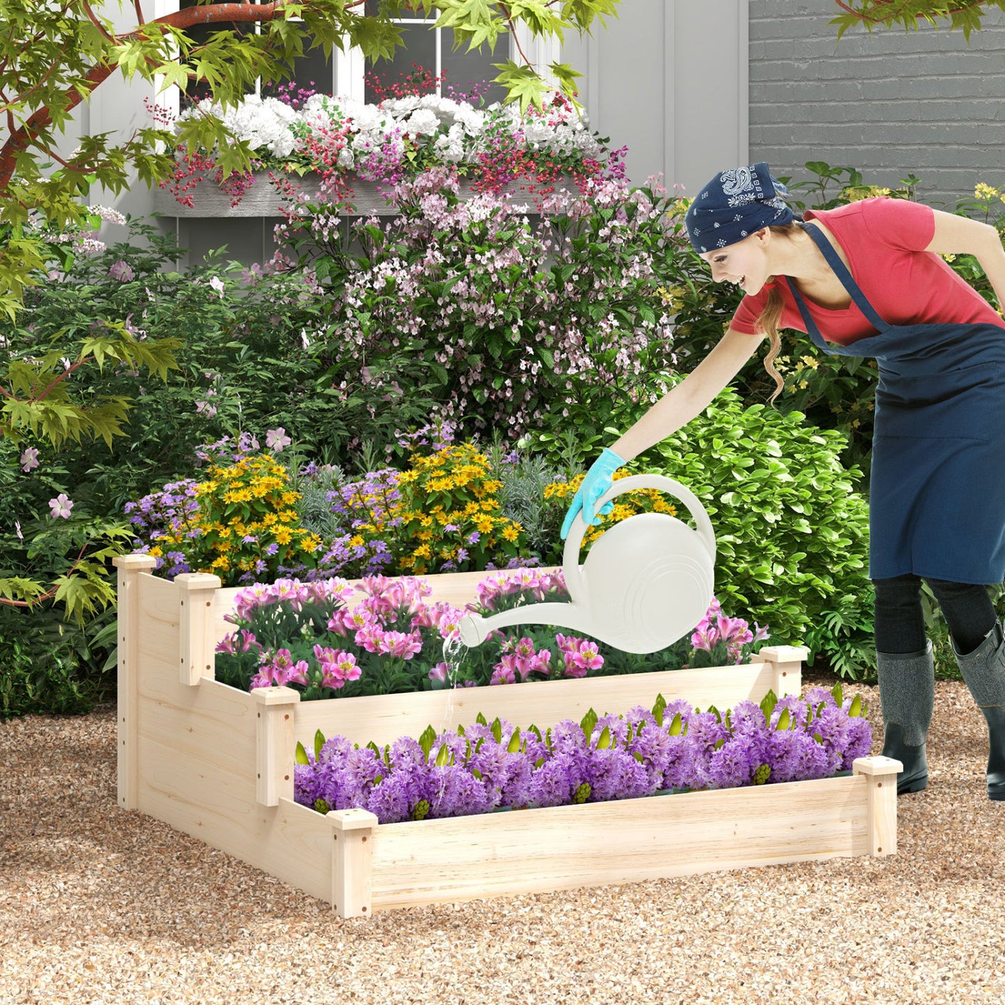 3-Tier Elevated Wooden Vegetable Garden Bed - Sturdy Fir Wood