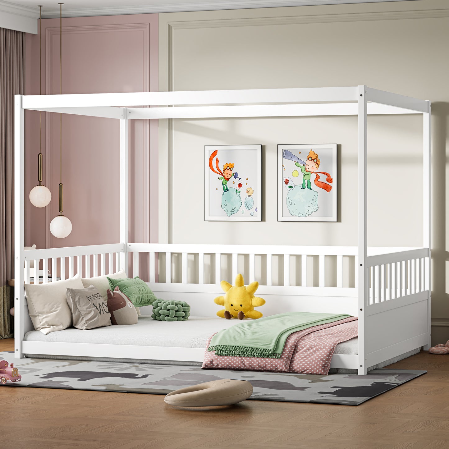 Full Size Canopy Bed Frame with Guardrails for Kids - White