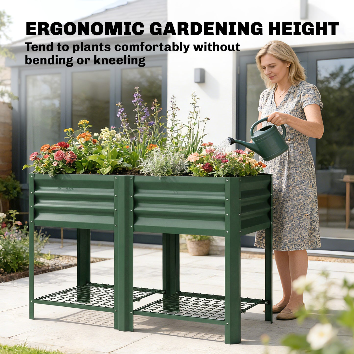 Raised Garden Bed with Storage Shelf - Galvanized Steel, 31.5 Inch Green