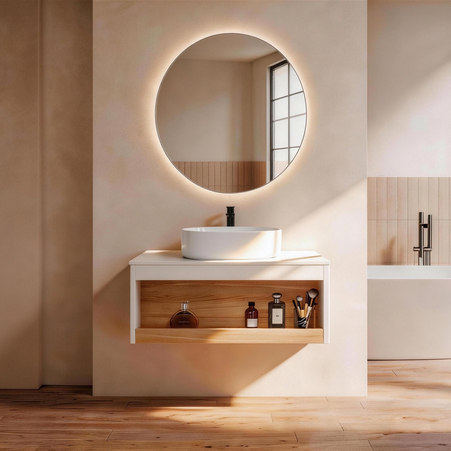 30" Wall-Mounted Bathroom Vanity with Glossy White Vessel Sink
